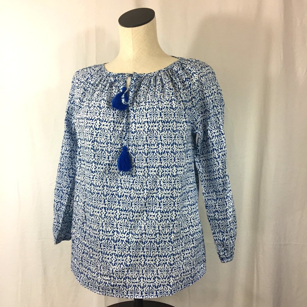 J. Crew women’s Blue and White blouse beach top cotton boho blouse print size XS